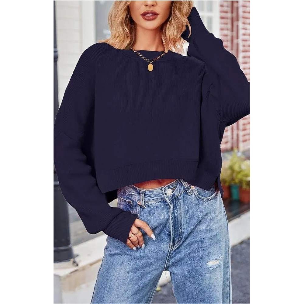 Merokeety Knit Cropped Sweater Ribbed Long Sleeve Pullover Top XL NWT‎